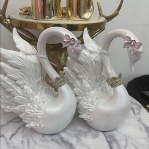 Pair of Pearl White Swan Figurines with Pink Bows